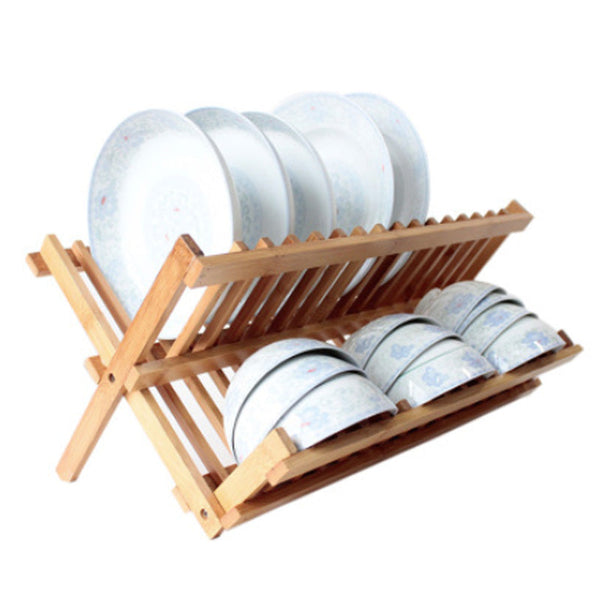 Kitchen Draining Dish Rack Bamboo Double Shelf Storage Tableware Countertop