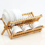 Kitchen Draining Dish Rack Bamboo Double Shelf Storage Tableware Countertop