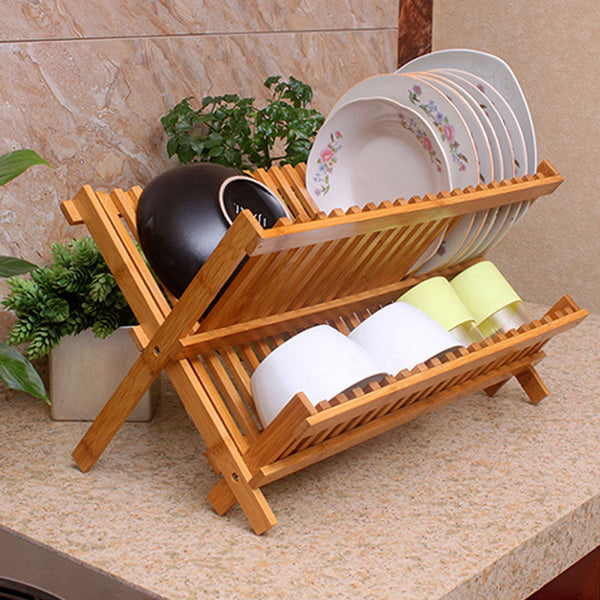 Kitchen Draining Dish Rack Bamboo Double Shelf Storage Tableware Countertop