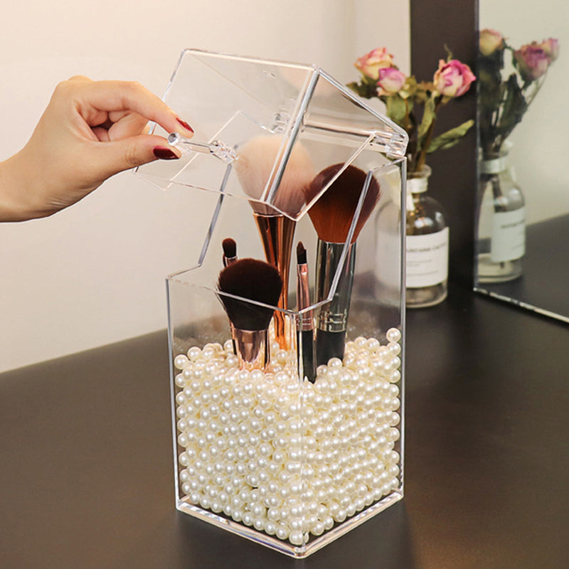 Desktop Clear Transparent Makeup Storage Box Brushes Holder Cosmetic Flip Top