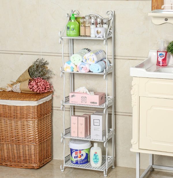 Kitchen Bathroom 5-layer Storage Foldable Shelf Rack Anti-slip Stand White Metal