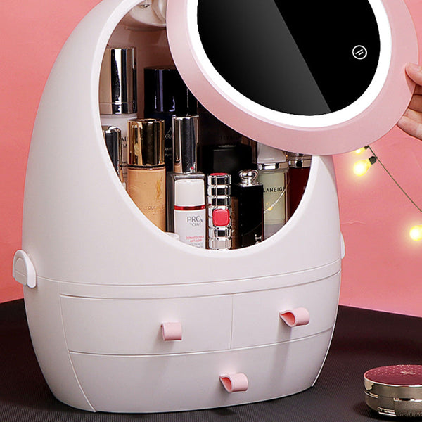Cosmetic Storage Box LED Mirror Dust-proof Dressing Organizer Holder Case